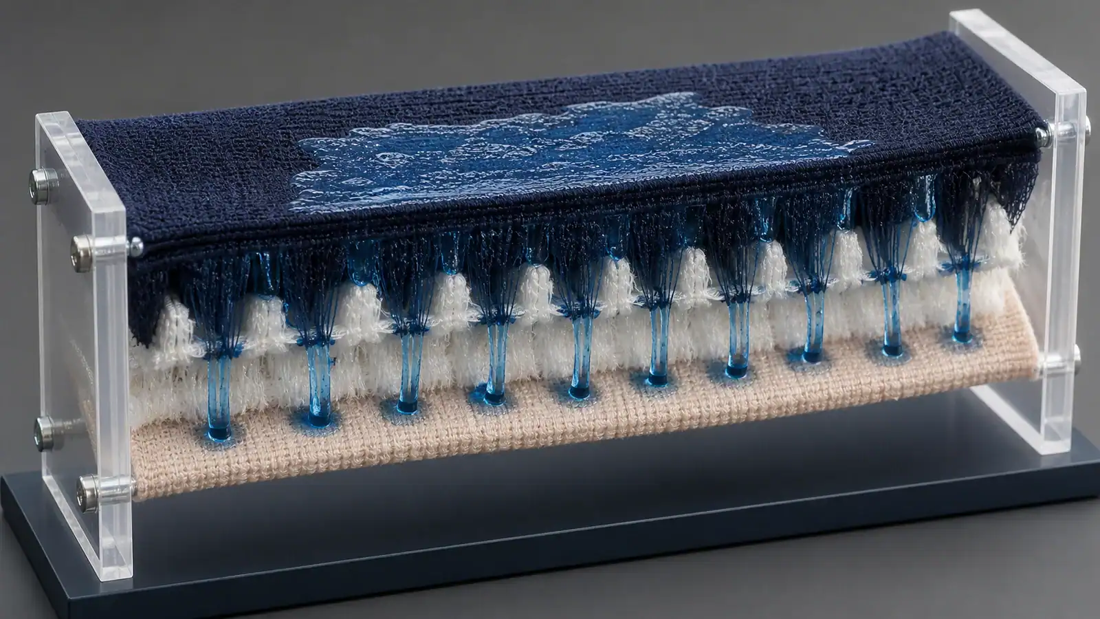 Technical fabric cross-section showing liquid moving from the skin side toward a wider outer surface