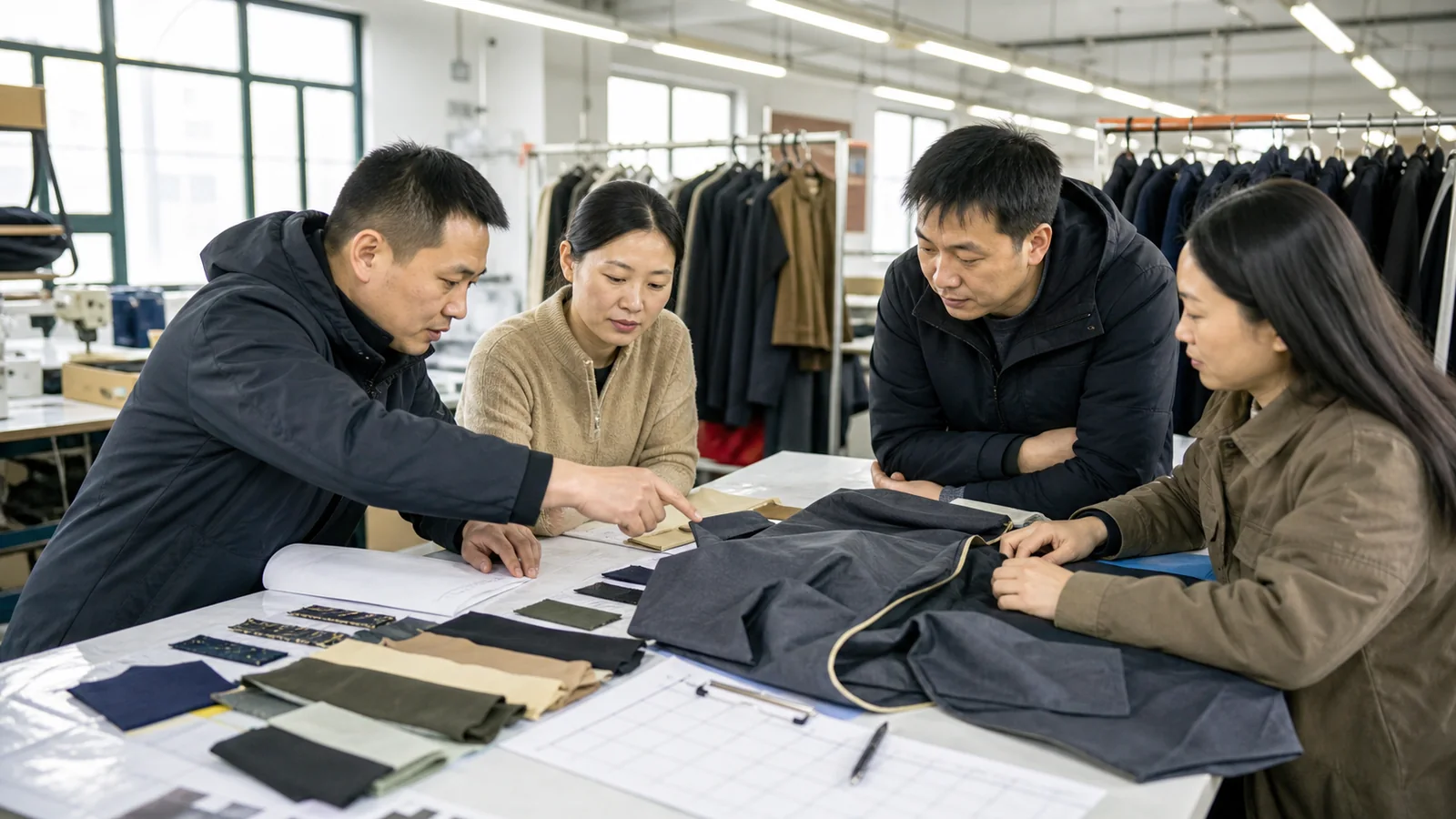Apparel buyer and manufacturing team clarifying garment specifications around a worktable