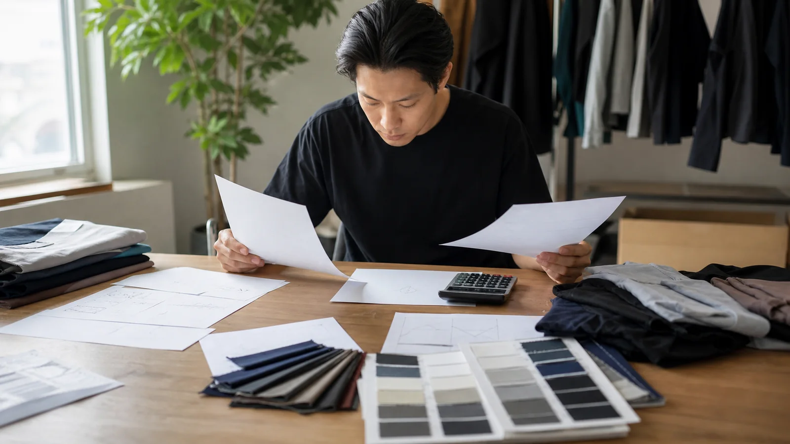 Clothing brand founder comparing garment quotes, landed costs and payment terms