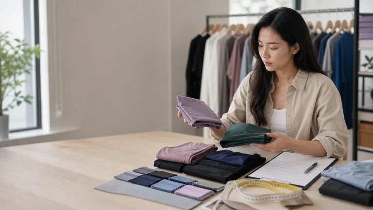 Apparel buyer comparing garment factory options with samples, fabric swatches and a shortlist brief