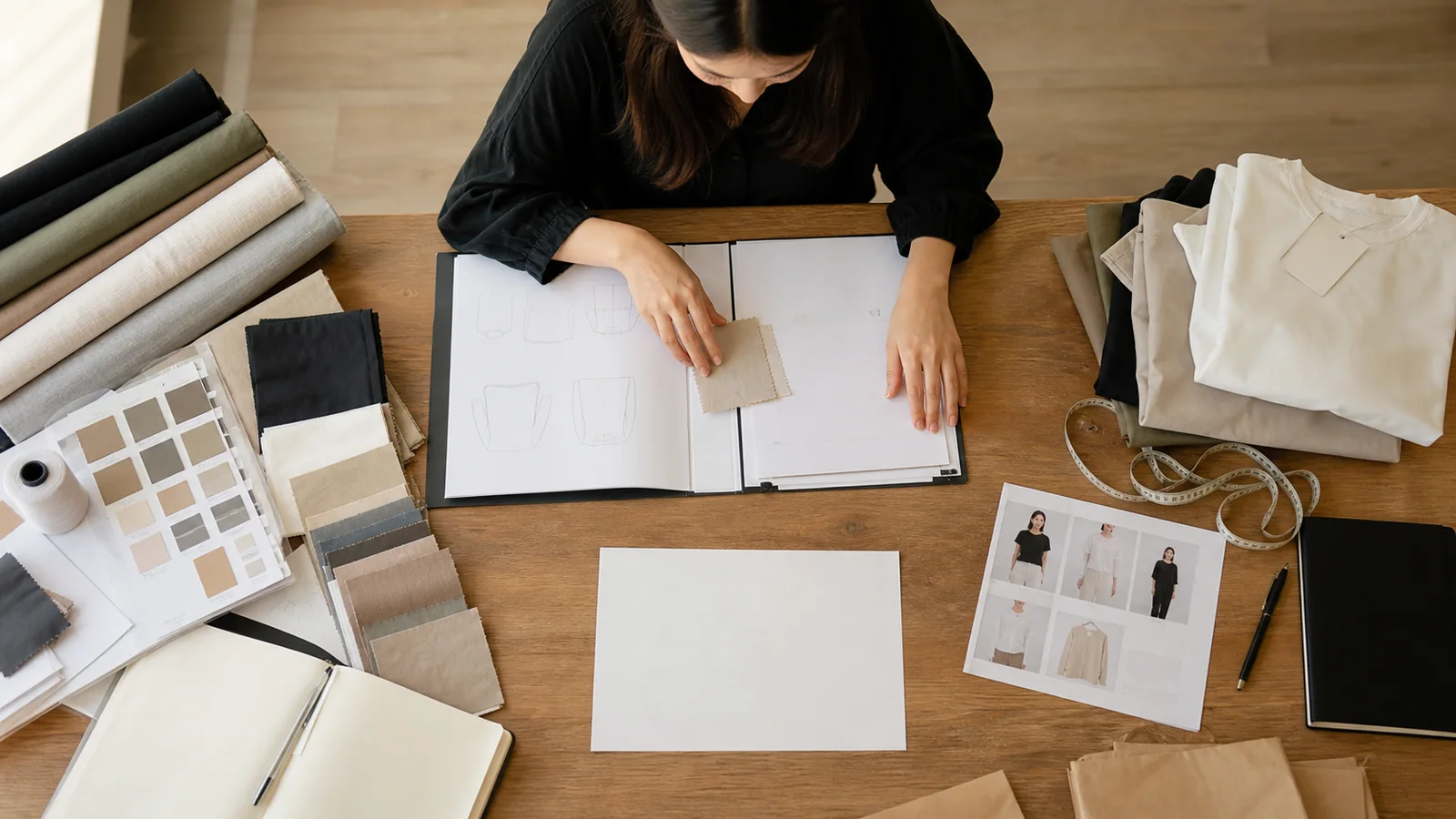 Clothing brand founder assembling a complete manufacturer inquiry package with samples and quantity brief