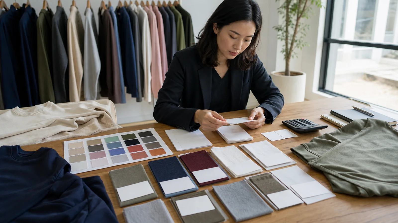 Apparel buyer reviewing MOQ by style, color and size beside garment samples