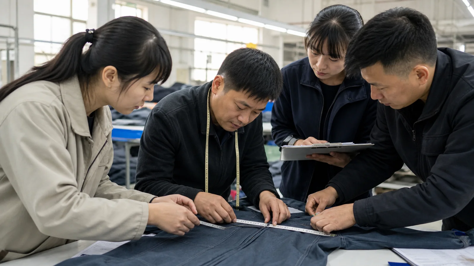Apparel quality team inspecting seams, fabric and measurements on a garment sample