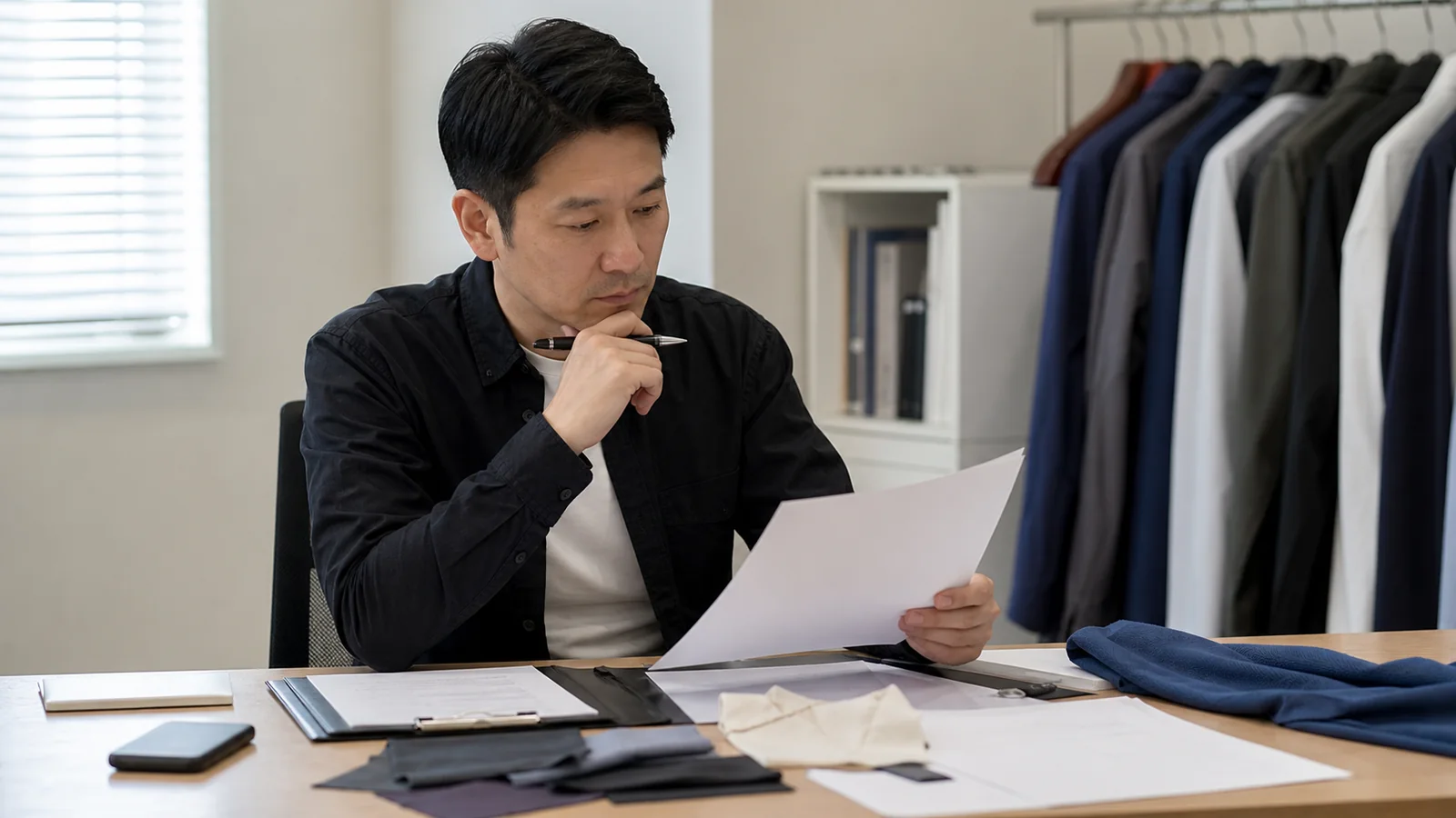 Apparel buyer reviewing warning signs in factory documents, samples and production promises
