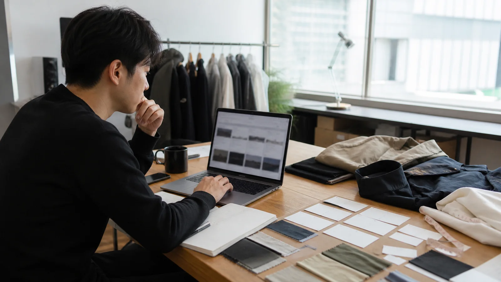 Clothing brand founder researching garment manufacturers and organizing a factory shortlist