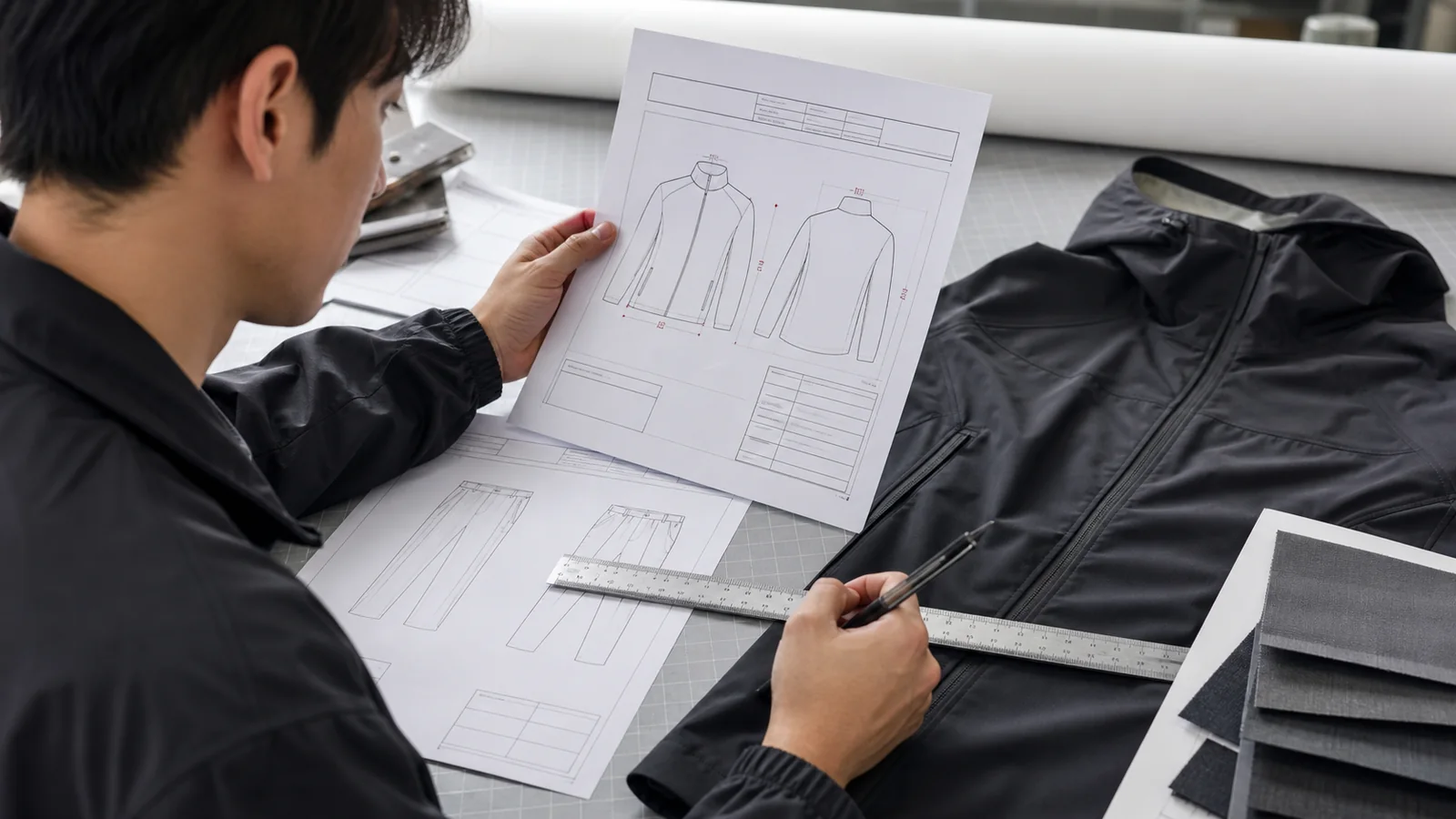 Technical apparel developer checking a tech pack, garment flats and measurement points