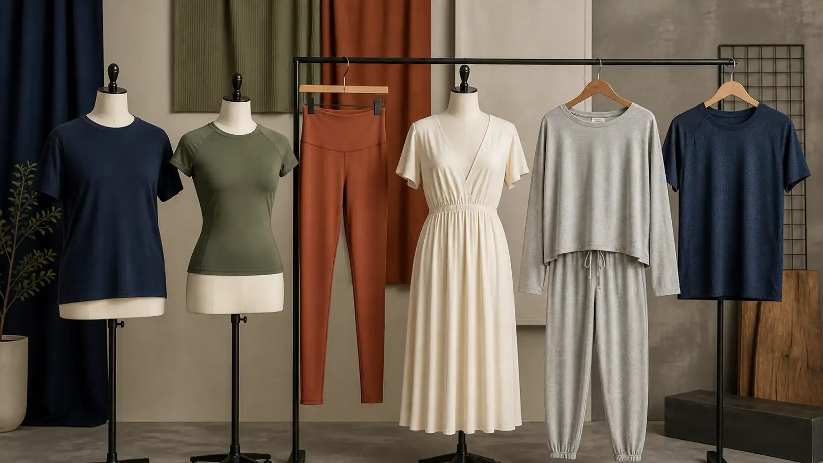 Fashion clothing display with custom apparel and design team at DETOSUN.