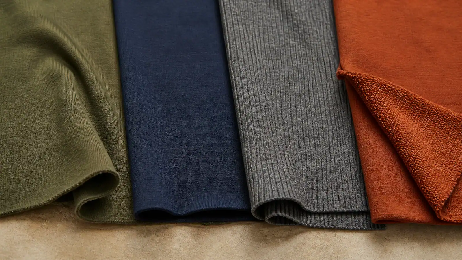 Close-up of various fabric swatches for custom activewear clothing.