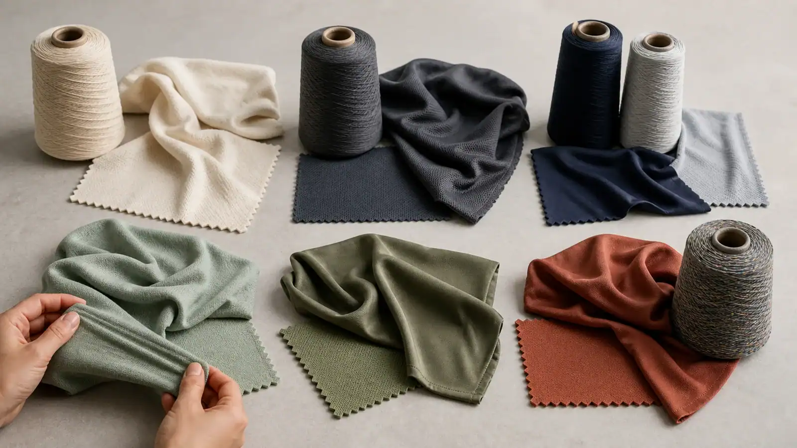 Cotton, polyester, nylon, viscose, modal and elastane jersey swatches with matching yarn cones