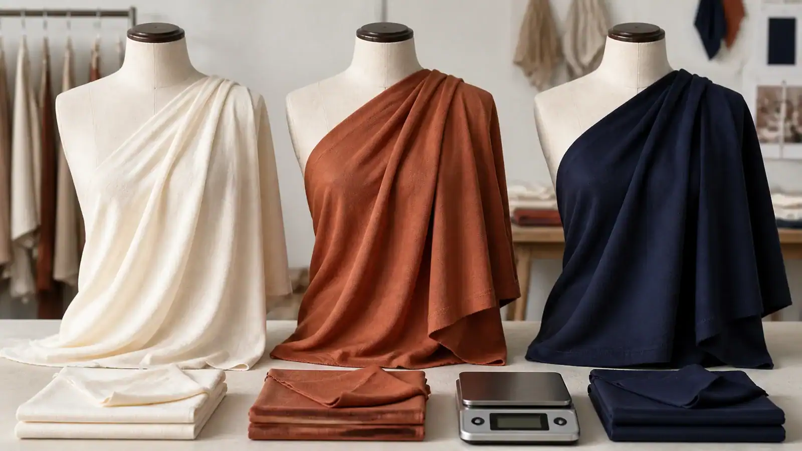Three mannequins showcasing custom clothing in different colors with fabric and scale on display.