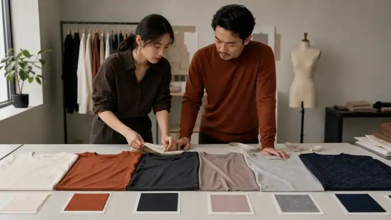 Design team reviewing fabric samples for custom clothing production.