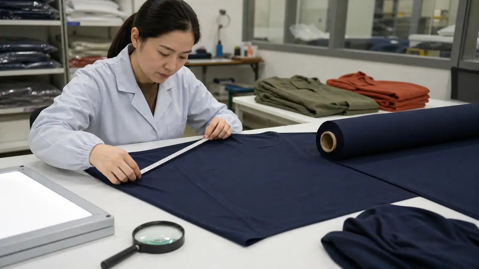 Asian quality-control technician inspecting jersey garments and fabric rolls