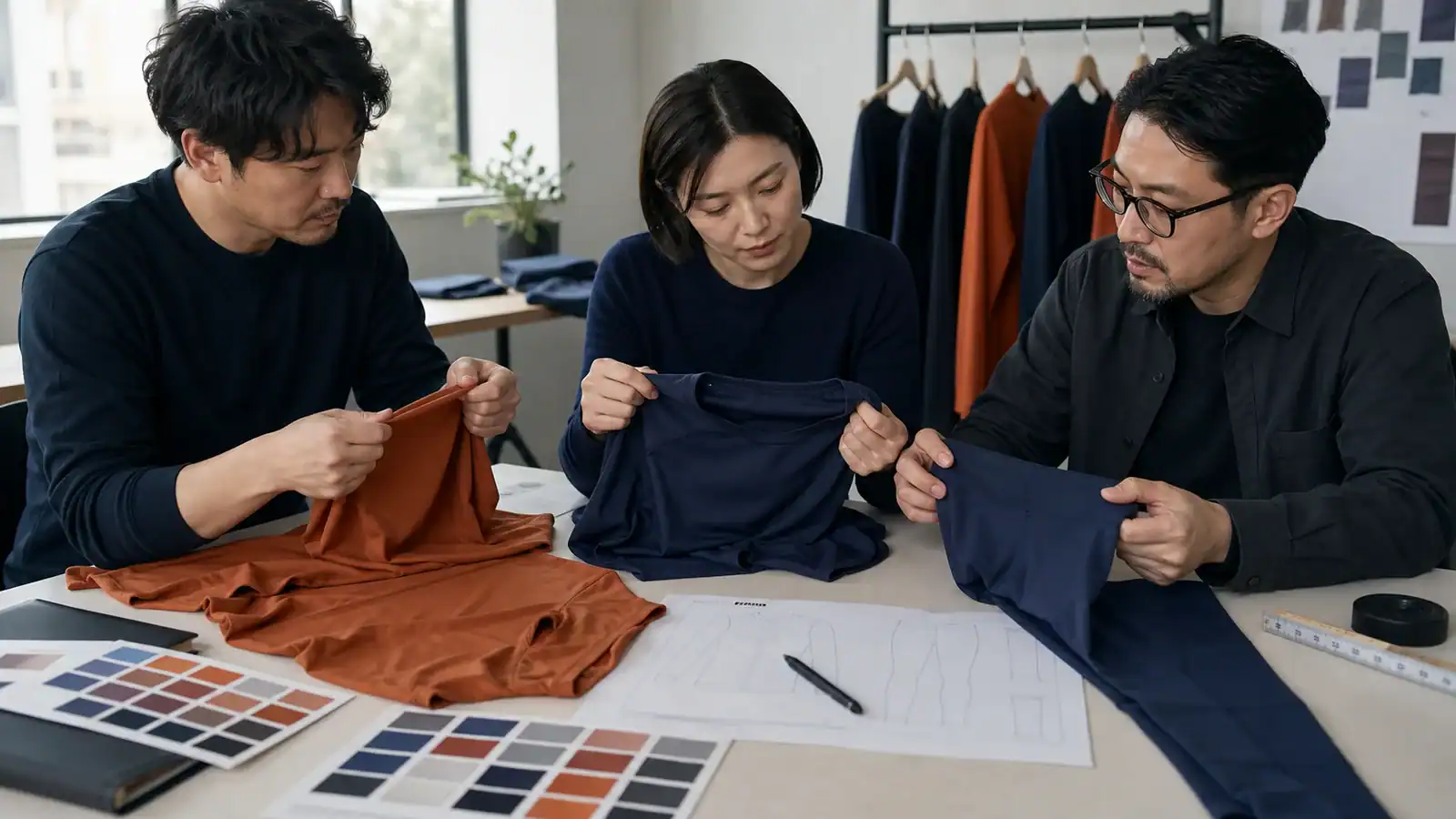 Design team reviewing fabric samples and sketches for custom clothing.