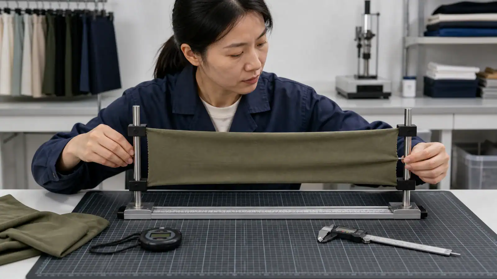Fashion designer working on fabric sample in clothing production.
