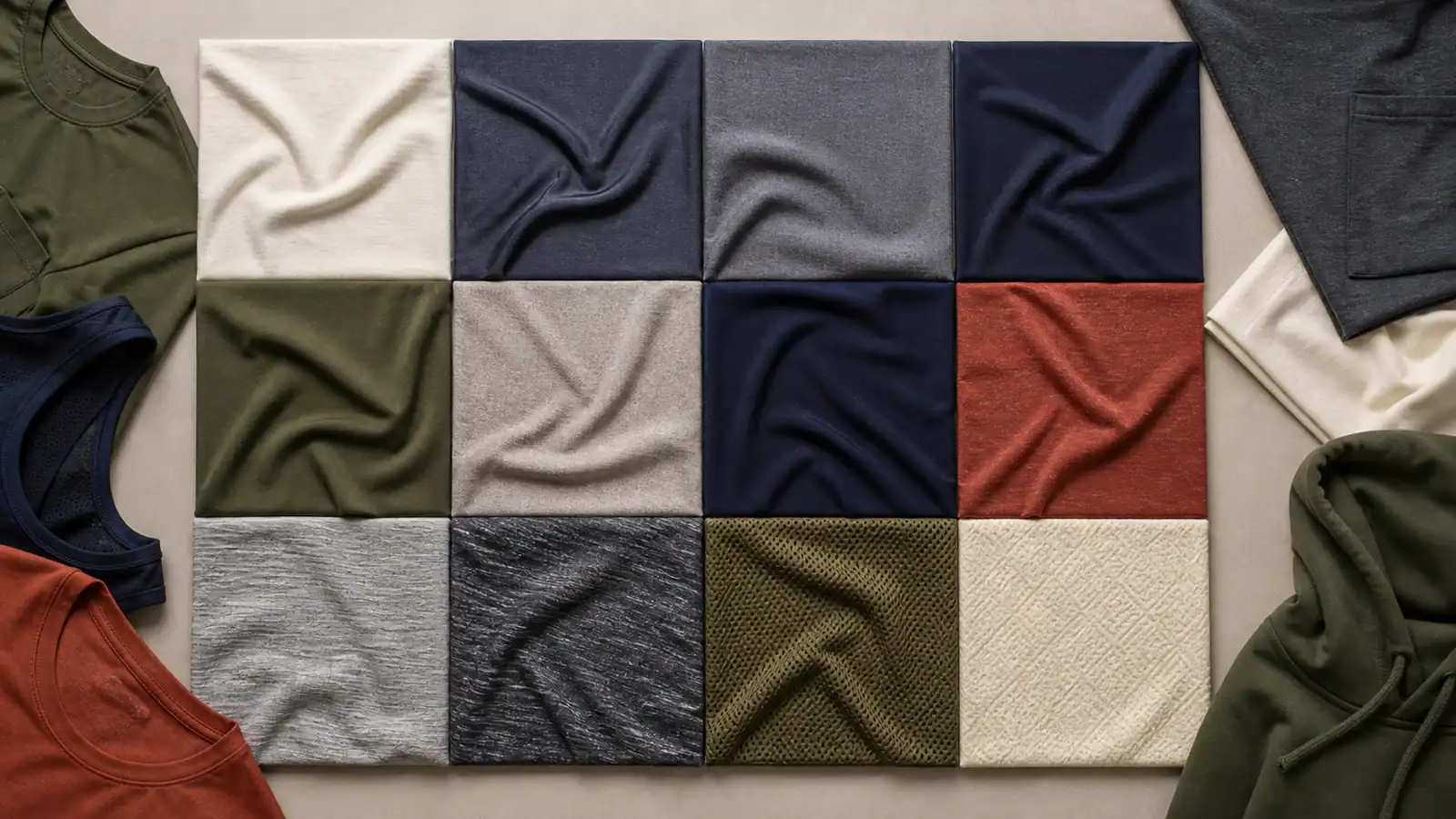 Variety of fabric swatches for custom clothing manufacturing and design.