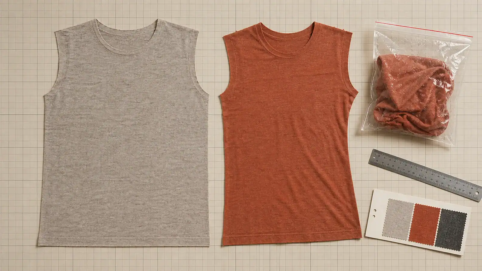 Two sleeveless custom fabric samples with design tools and color swatches.