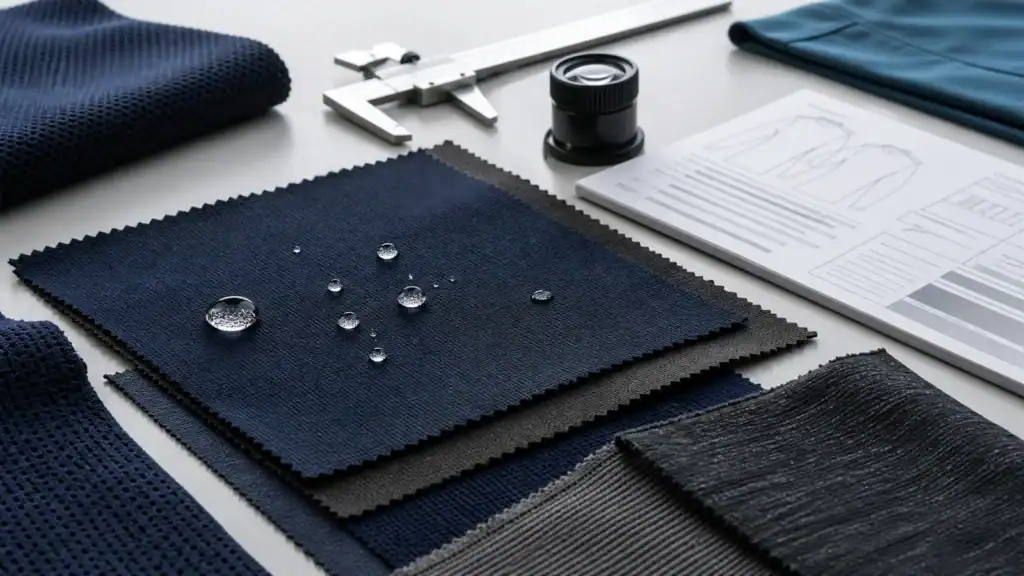 Fabric swatches and design plans for custom activewear clothing.