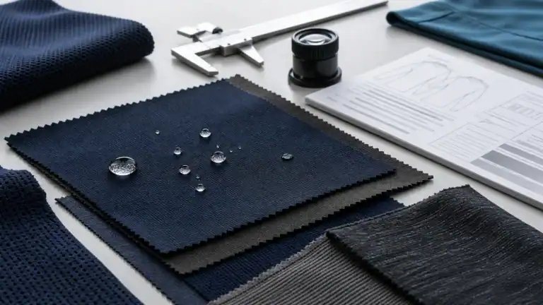 Fabric swatches and design plans for custom activewear clothing.