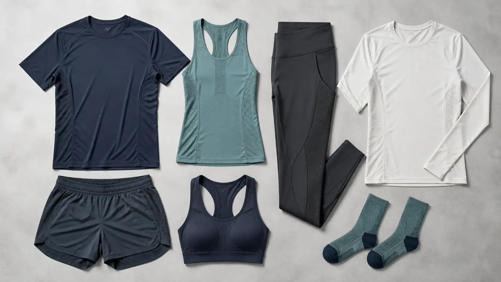 Athletic clothing including shirts, shorts, leggings, and sports bras for activewear.