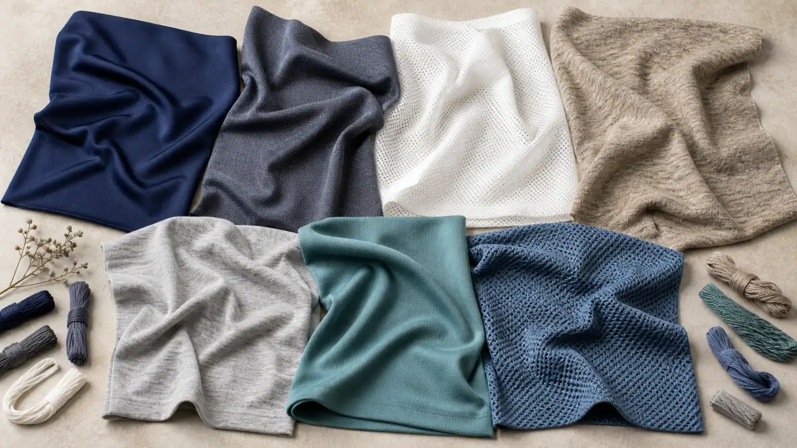 Assorted moisture-wicking fabric swatches for custom activewear.