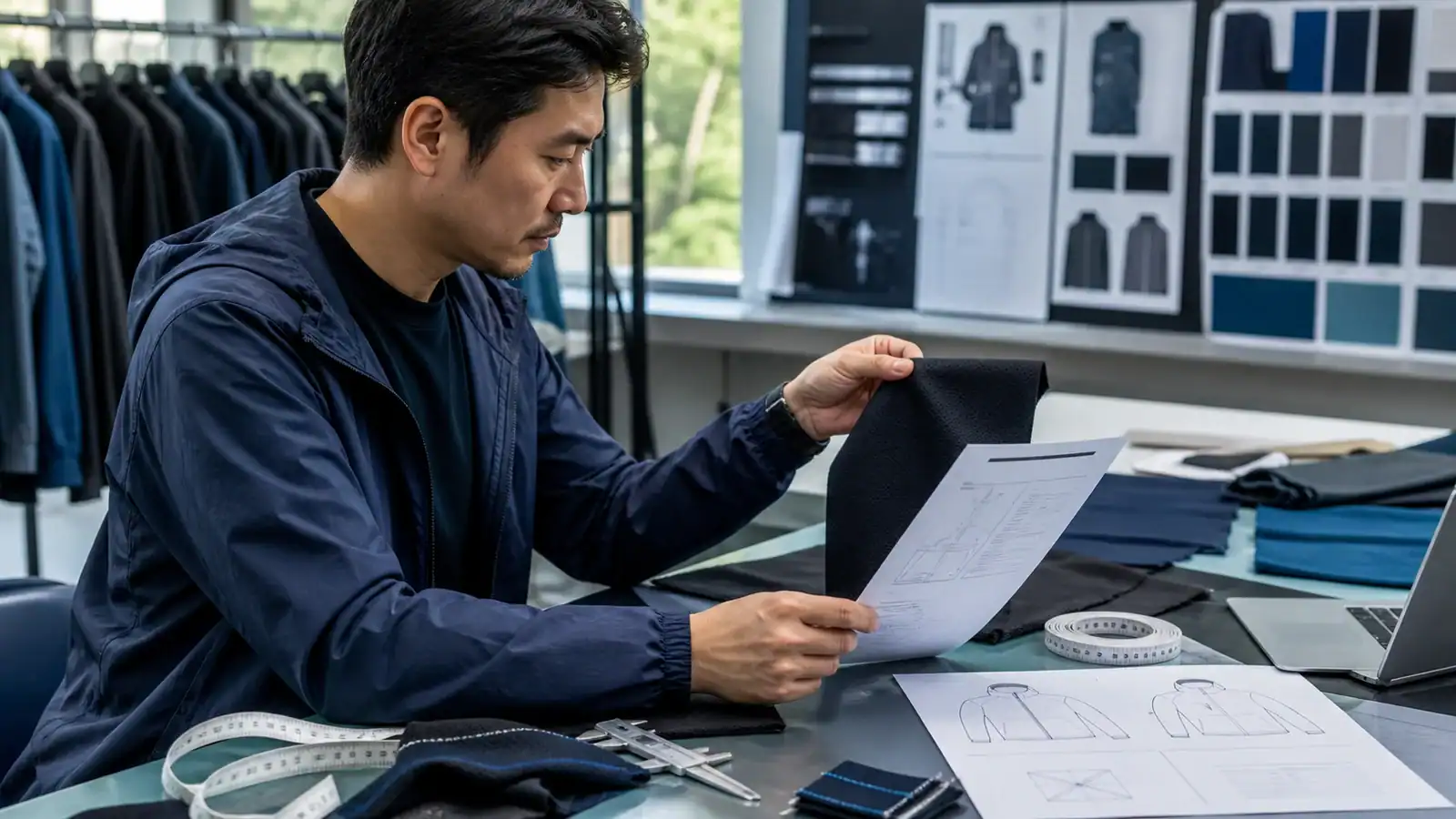 Design team reviewing fabric samples and sketches for custom activewear.