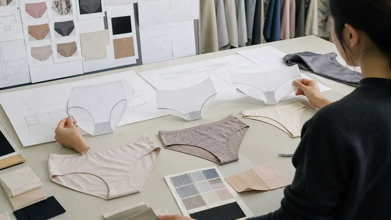 Fashion designer working on fabric samples and sketches at DETOSUN.