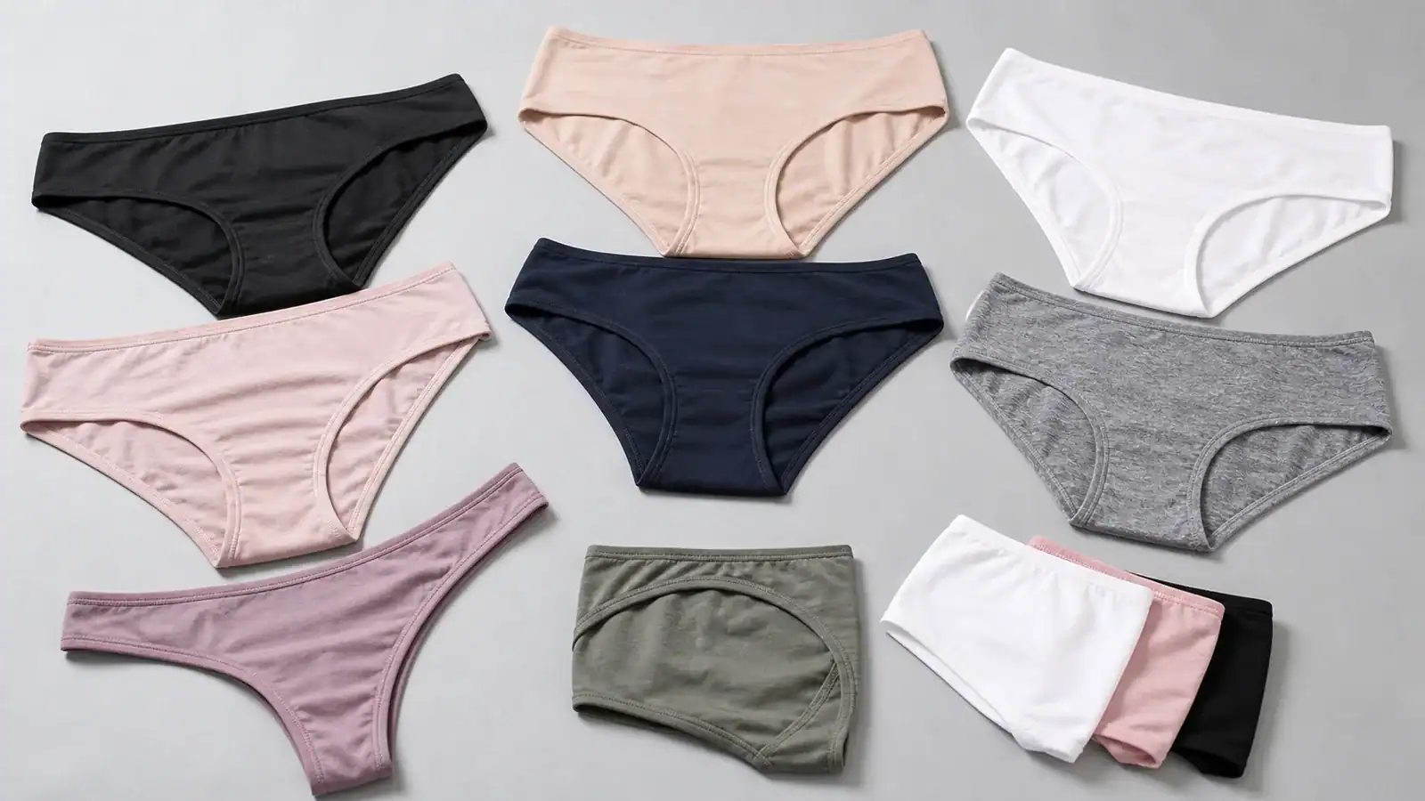 Variety of custom underwear in different colors and styles for activewear.