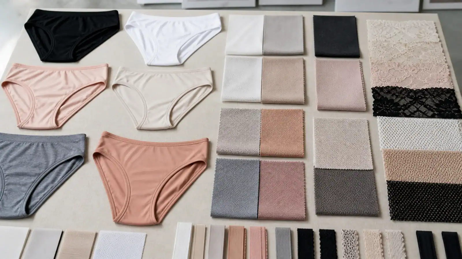 Underwear fabric swatches including cotton jersey, microfiber, modal and lace beside sample garments