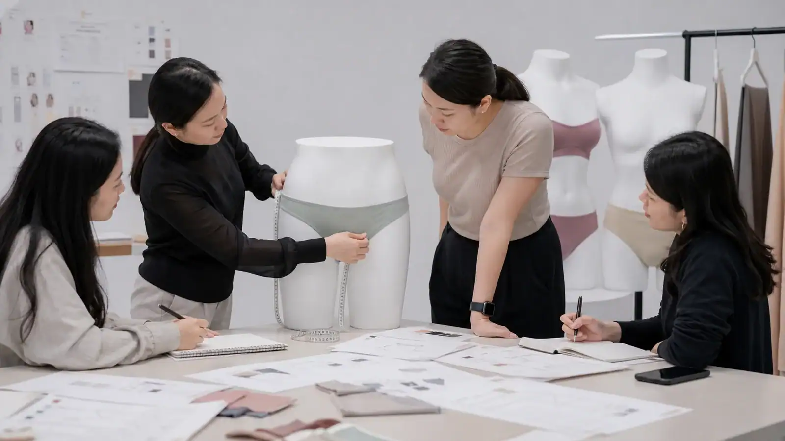 Design team collaborating on custom activewear prototypes at DETOSUN.