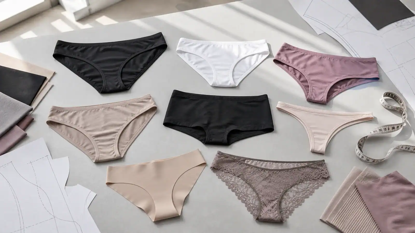 Variety of custom underwear in different colors and fabrics on a workspace.