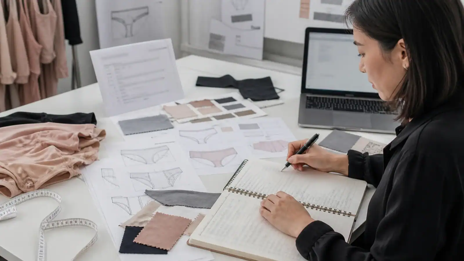 Fashion designer working on clothing sketches and fabric samples at DETOSUN.