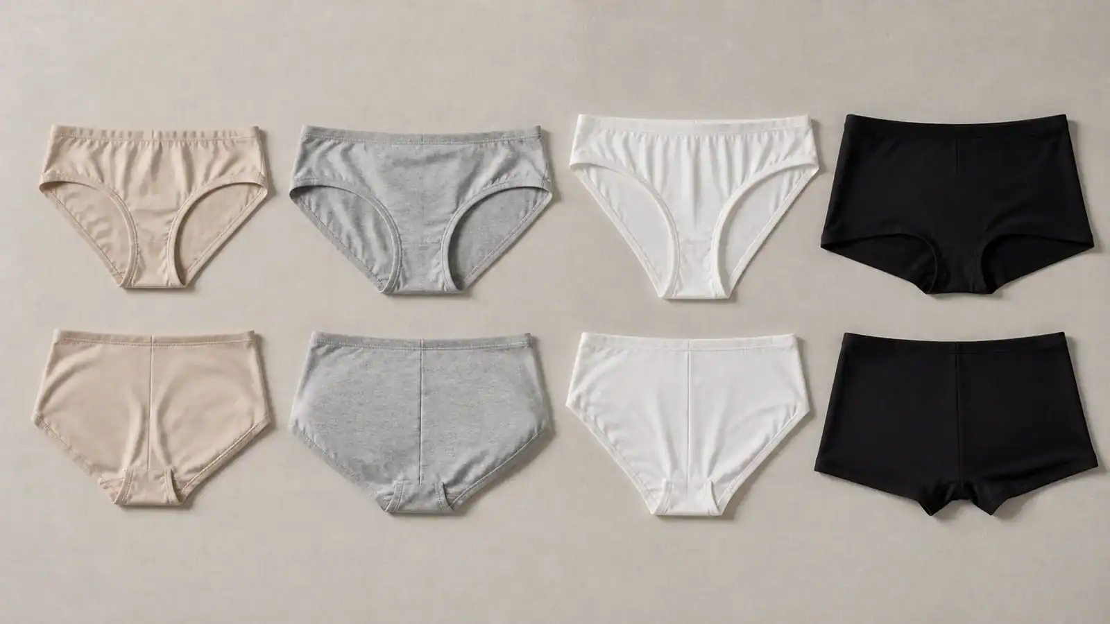 Assorted men's underwear in beige, gray, white, and black colors.