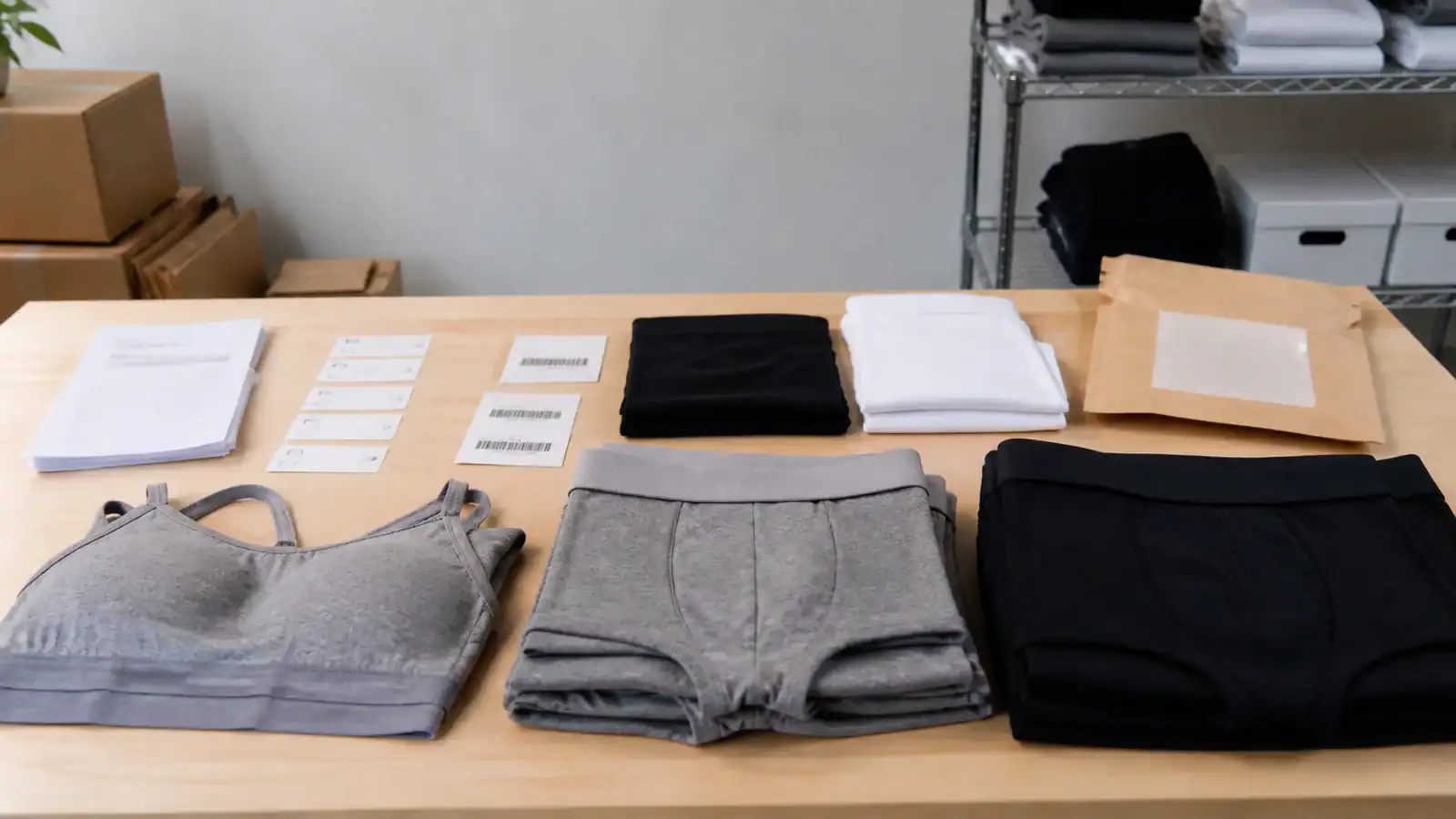 Clothing samples and design materials at a custom apparel manufacturer.