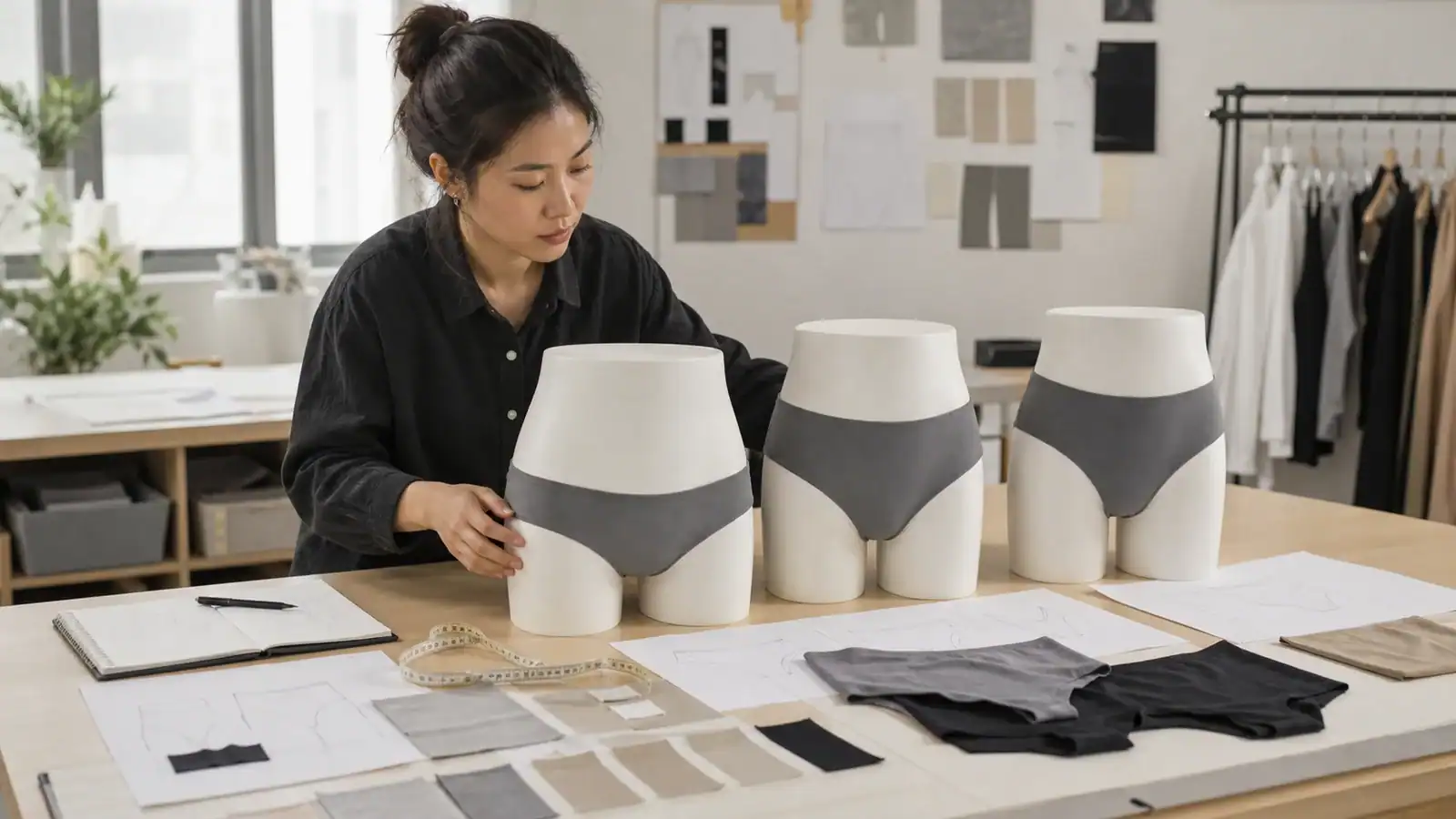 Fashion designer working on custom clothing mannequins with fabric samples.