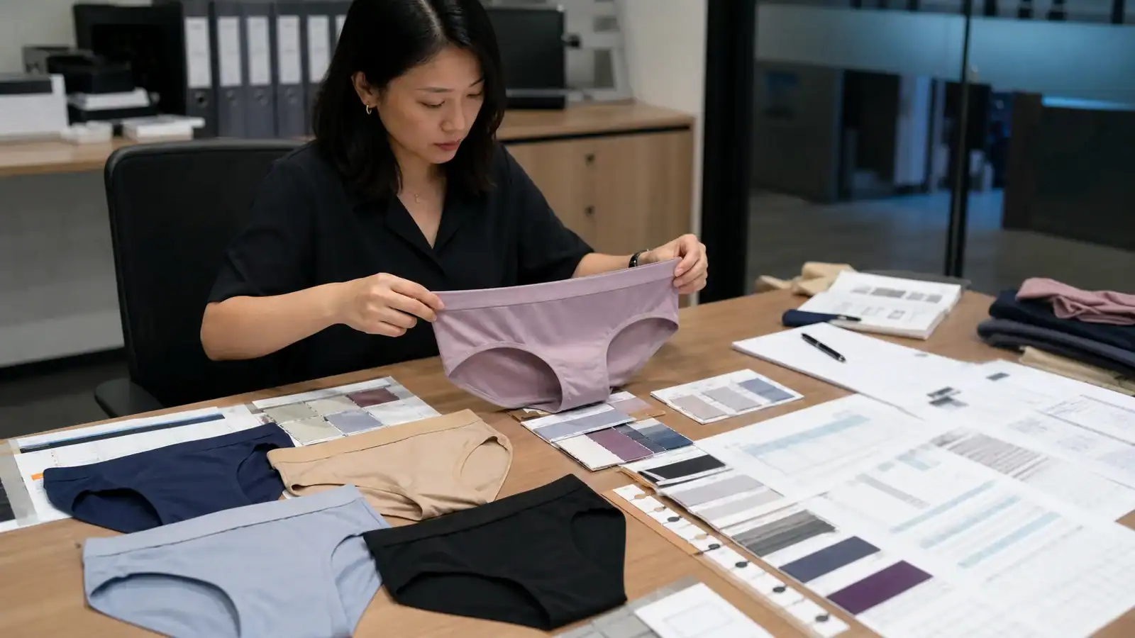 Design team reviewing fabric samples and clothing prototypes at a manufacturing facility.