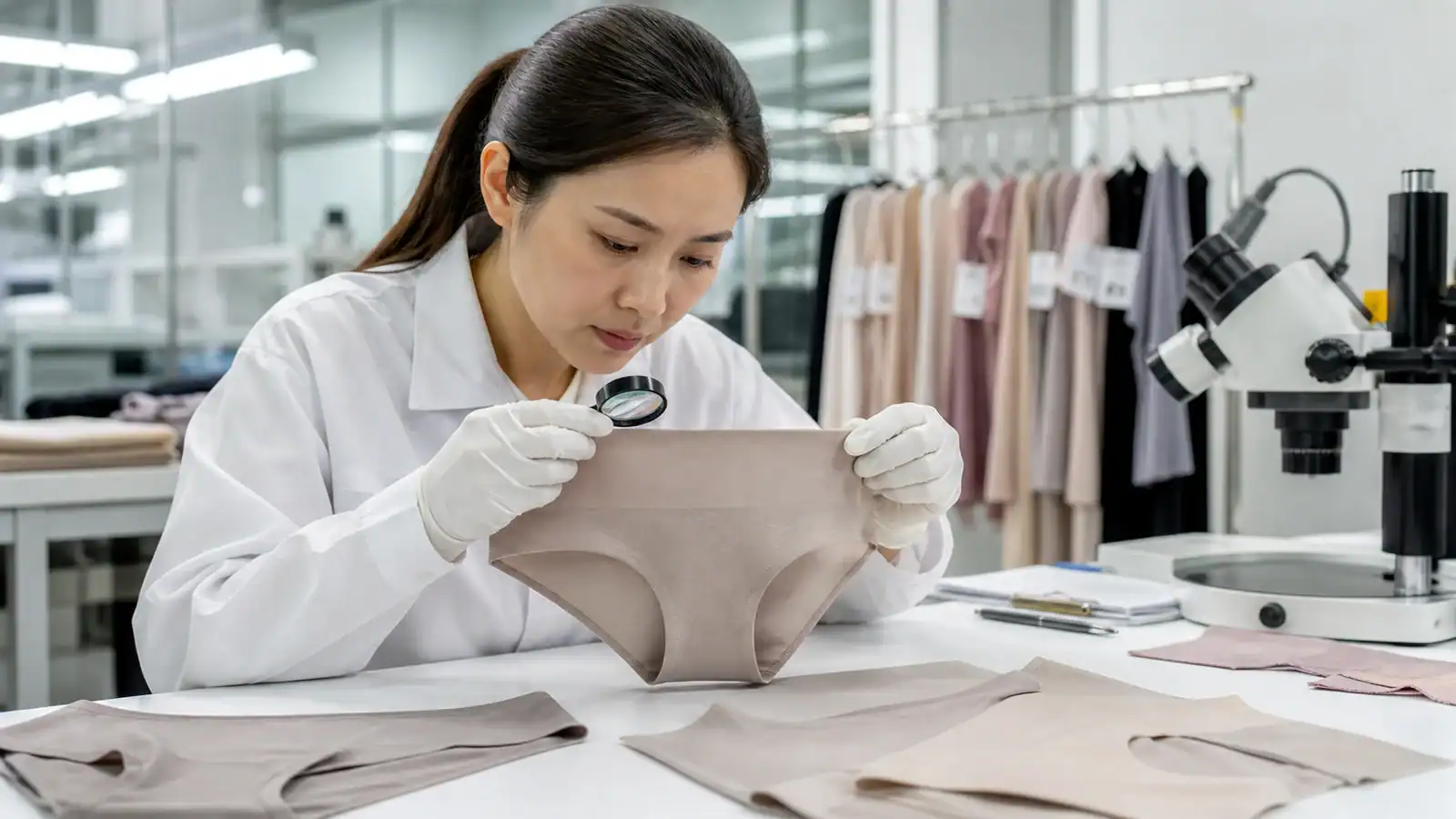 Female designer inspecting fabric in clothing manufacturing facility.
