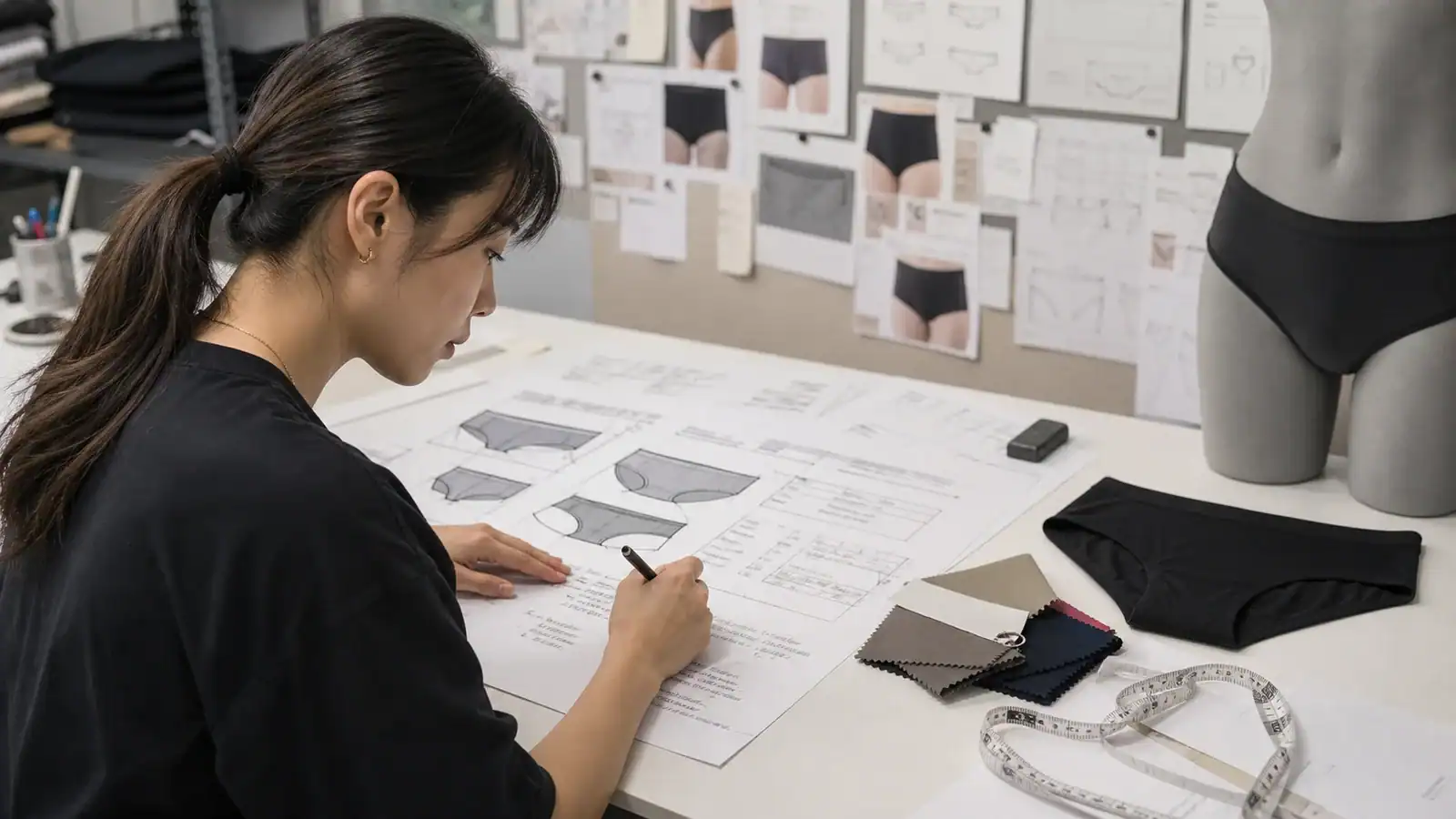 Apparel technical designer marking panties style, measurements, fabric and trim fields on a tech pack