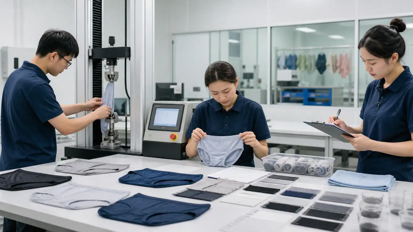 Design team working on custom apparel in a modern factory setting.