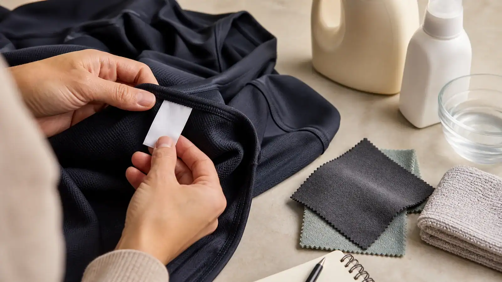Manos inspeccionando la tela para la producción de ropa personalizada en DETOSUN.