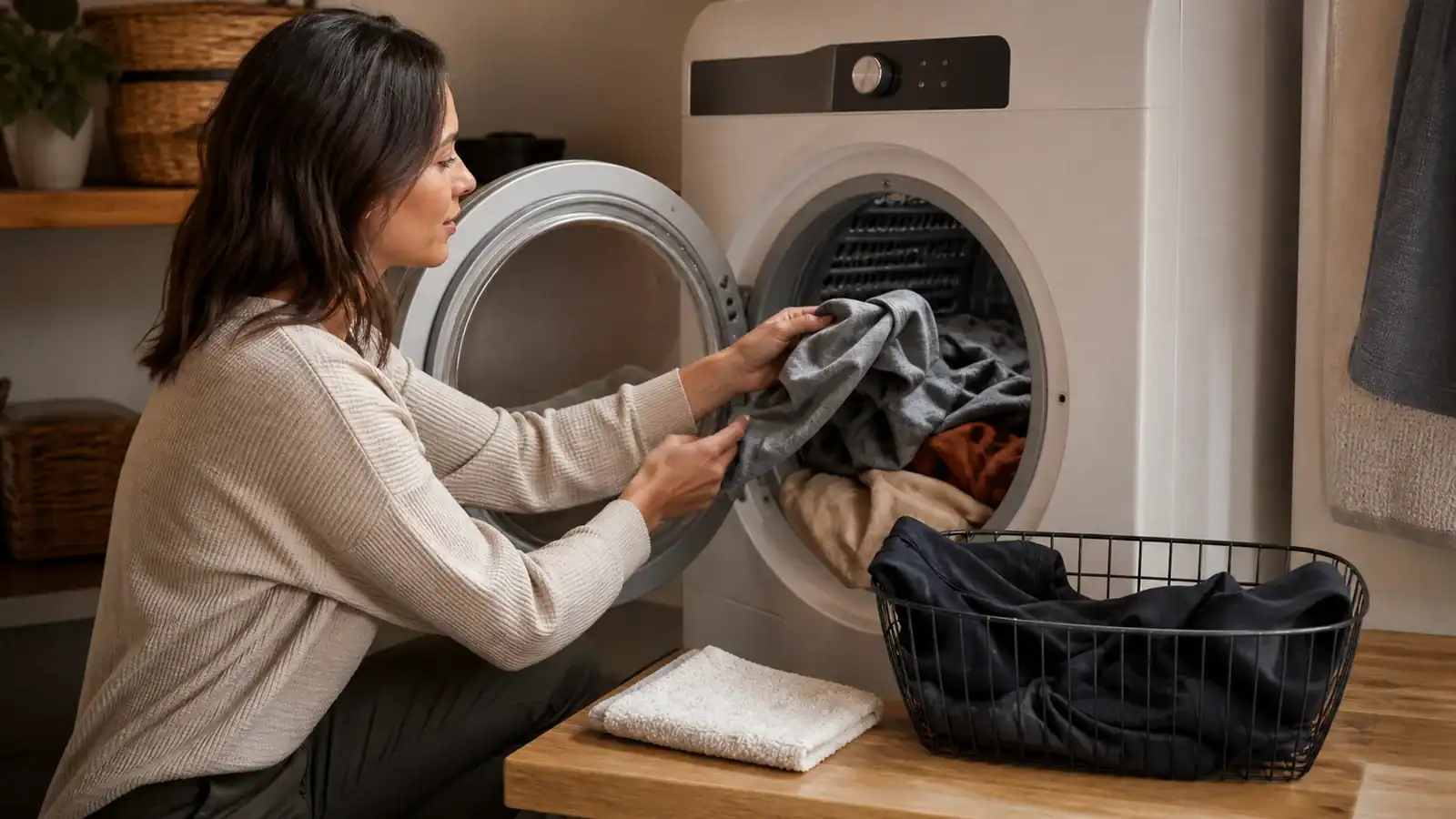 Mujer cargando lavandería en una lavadora industrial para producción de ropa personalizada.