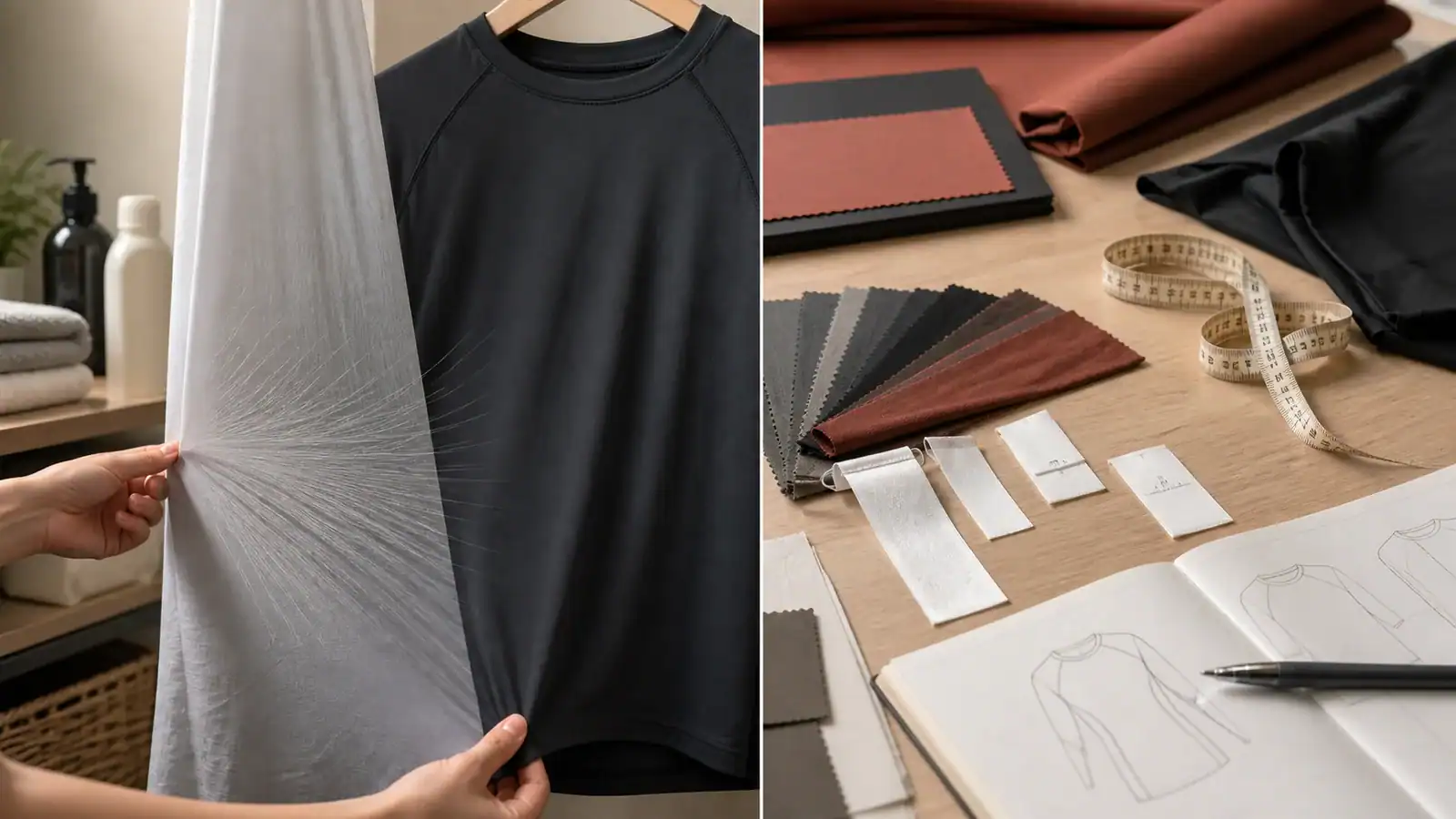 Clothing fabric samples, design sketches, and fabric swatches for custom apparel.