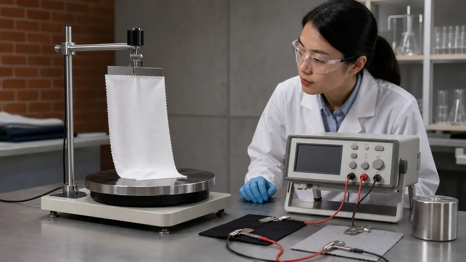 Investigador probando la calidad de la tela con equipo en un laboratorio moderno.