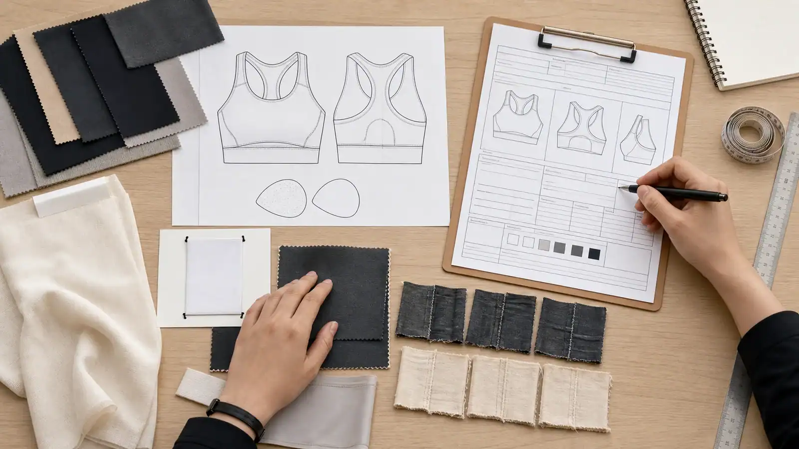 Bocetos de diseño de moda y muestras de tela para ropa deportiva personalizada.