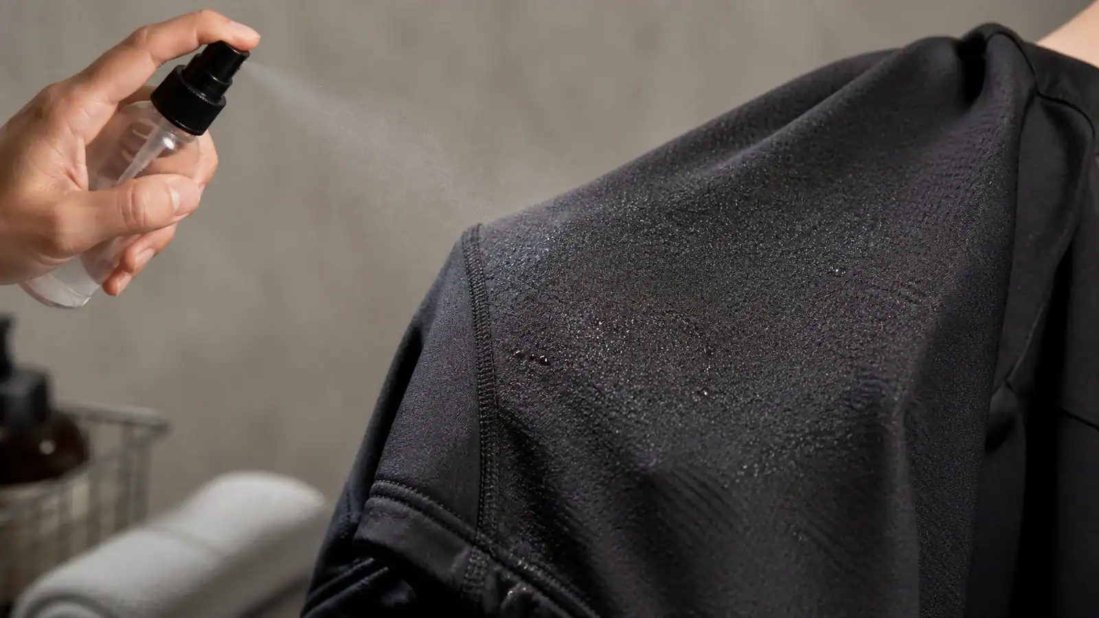 Aplicación de spray impermeabilizante en una chaqueta deportiva negra para ropa personalizada.