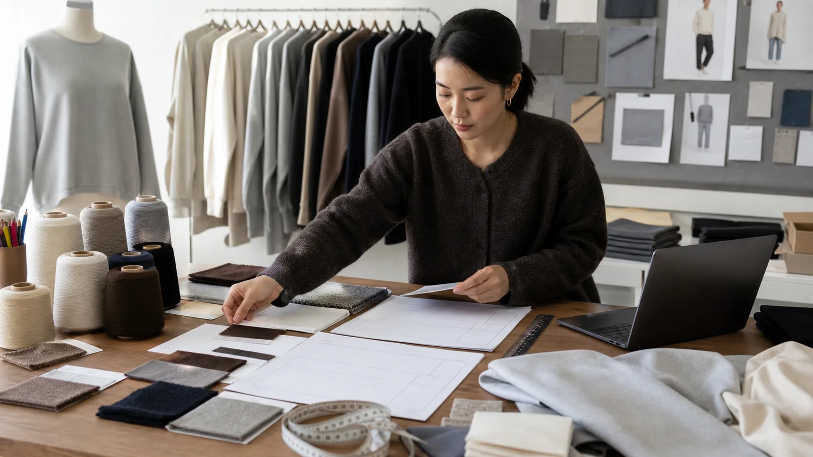 Founder preparing a supplier brief with sweater yarn details and sweatshirt fabric specifications