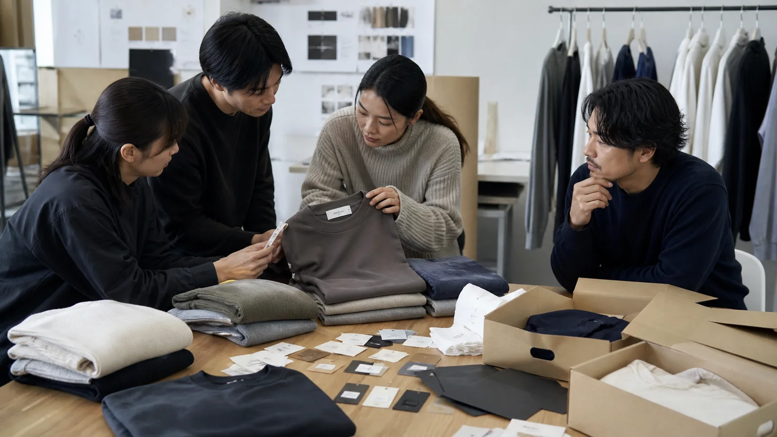 Clothing brand team checking care label and packaging requirements for sweater and sweatshirt styles