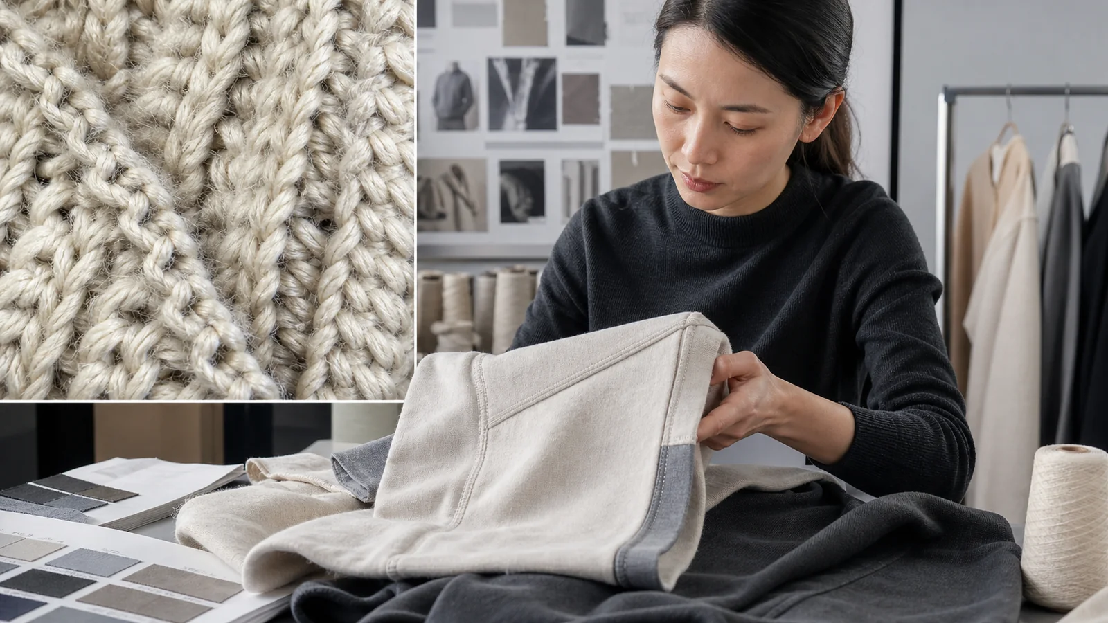 Technical apparel developer comparing sweater knit structure with sweatshirt fabric panels