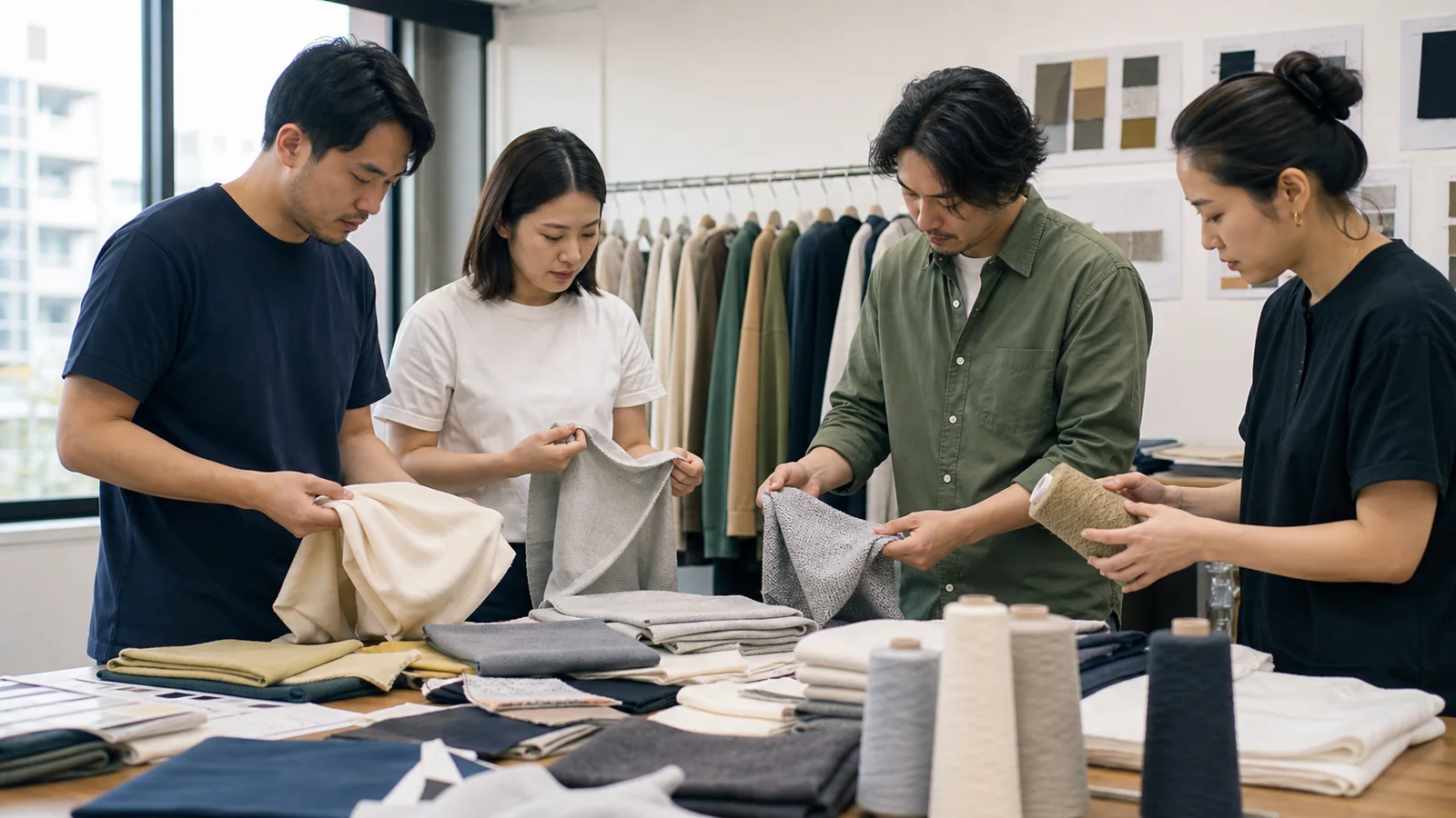 Apparel team checking French terry, fleece and sweater yarn samples for a product brief