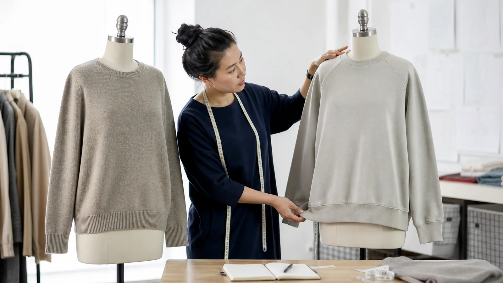 Fit technician comparing the drape, ease and shoulder shape of a sweater and sweatshirt sample