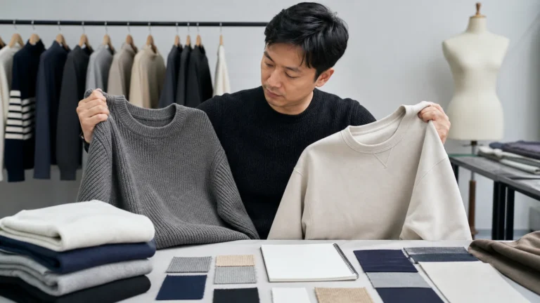 Apparel buyer comparing a knitted sweater and a cut-and-sew sweatshirt with fabric swatches